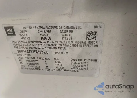 2015 Chevrolet Equinox Ls z USA, uszkodzony, nr VIN 2GNALAEK2F6192556